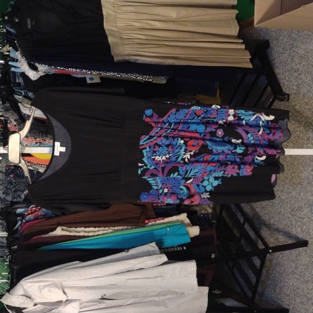 Fashion Bug, black floral empire waist dress, size large